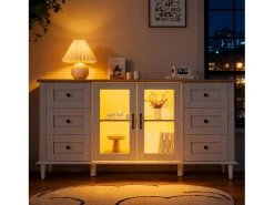 Aparador moderno de salón - 150 x 40 x 75 cm - con 2 puertas acrílicas + 6 cajones + LED + estante - MDF - blanco