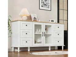 Aparador moderno de salón - 150 x 40 x 75 cm - con 2 puertas acrílicas + 6 cajones + LED + estante - MDF - blanco