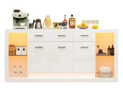 Aparador moderno lacado alto brillo - 160 x 40 x 75 cm - con LED + 3 cajones + estantes + 3 puertas - aglomerado - blanco
