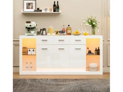 Aparador moderno lacado alto brillo - 160 x 40 x 75 cm - con LED + 3 cajones + estantes + 3 puertas - aglomerado - blanco