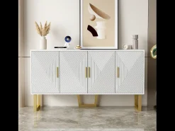 Aparador moderno lacado en blanco, puertas texturizadas y tiradores dorados, 4 puertas, estantes regulables (150x40x82 cm)