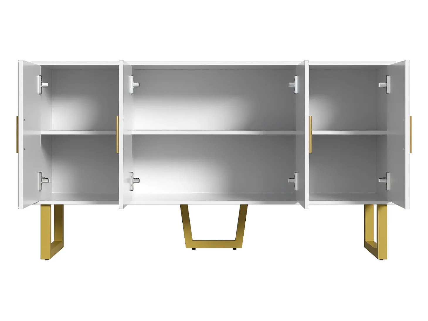 Aparador moderno lacado en blanco, puertas texturizadas y tiradores dorados, 4 puertas, estantes regulables (150x40x82 cm)