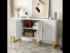 Aparador moderno lacado en blanco, puertas texturizadas y tiradores dorados, 4 puertas, estantes regulables (150x40x82 cm)