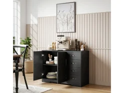 Aparador moderno negro, 4 cajones + 1 puerta, 105 x 40 x 76 cm, ideal para salón y dormitorio.