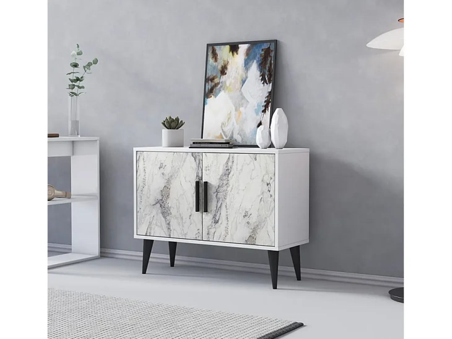 Aparador moderno para el salón blanco con 2 puertas mueble recibidor Corduiso - Efecto mármol blanco