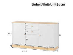 Aparador moderno para salón - 135,5 x 39 x 76 cm - con 3 puertas + 2 cajones - aglomerado - blanco