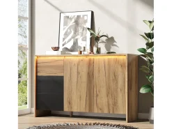 Aparador moderno para salón - 120 x 40 x 76 cm - con 3 cajones + 2 puertas + LED - aglomerado - natural