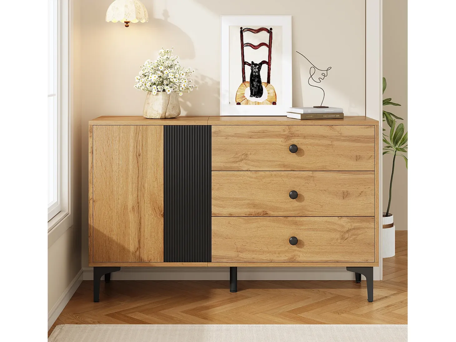 Aparador moderno 120x35x76 cm - 2 puertas y 3 cajones - Patas de metal - Tableros de partículas - Natural y negro