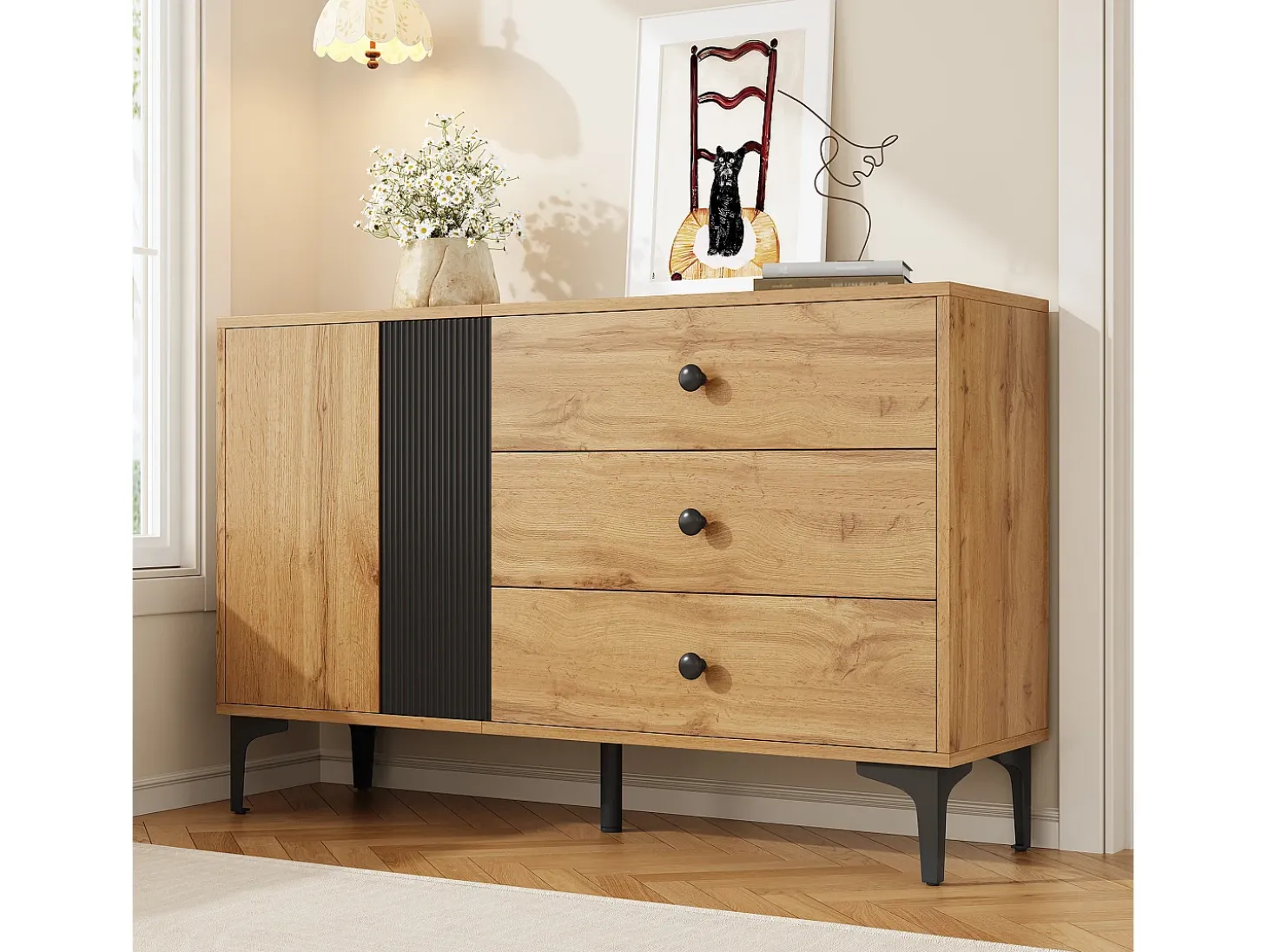 Aparador moderno 120x35x76 cm - 2 puertas y 3 cajones - Patas de metal - Tableros de partículas - Natural y negro