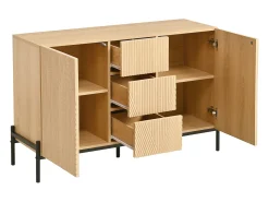 Aparador moderno 115,5x40x76 cm - 3 cajones y 2 puertas - Patas de hierro - MDF - Color natural