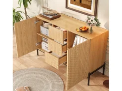 Aparador moderno 115,5x40x76 cm - 3 cajones y 2 puertas - Patas de hierro - MDF - Color natural