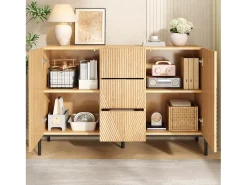 Aparador moderno 115,5x40x76 cm - 3 cajones y 2 puertas - Patas de hierro - MDF - Color natural