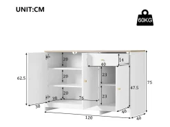 Aparador moderno 120x40x75cm - con 3 puertas y 1 cajón - encimera de madera con aspecto de madera - MDF + panel de partículas - Blanco + Natural