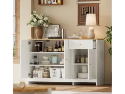 Aparador moderno 120x40x75cm - con 3 puertas y 1 cajón - encimera de madera con aspecto de madera - MDF + panel de partículas - Blanco + Natural