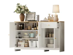 Aparador moderno 120x40x75cm - con 3 puertas y 1 cajón - encimera de madera con aspecto de madera - MDF + panel de partículas - Blanco + Natural