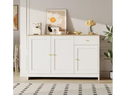 Aparador moderno 120x40x75cm - con 3 puertas y 1 cajón - encimera de madera con aspecto de madera - MDF + panel de partículas - Blanco + Natural