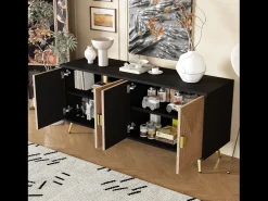 Aparador moderno 160x40x75cm con 4 puertas en imitación madera con relieve, color negro con patas doradas