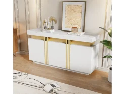 Aparador moderno 140x38x70cm con 3 puertas y tapa efecto mármol, blanco y dorado
