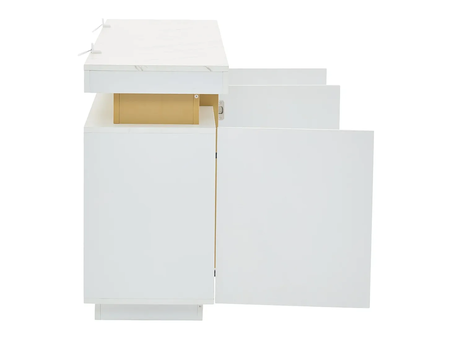 Aparador moderno 140x38x70cm con 3 puertas y tapa efecto mármol, blanco y dorado
