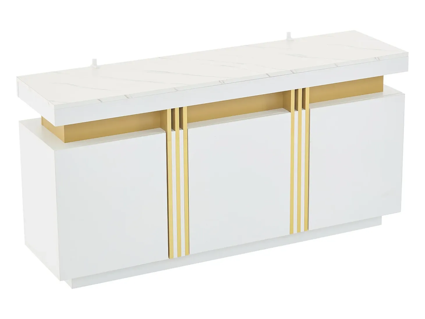Aparador moderno 140x38x70cm con 3 puertas y tapa efecto mármol, blanco y dorado