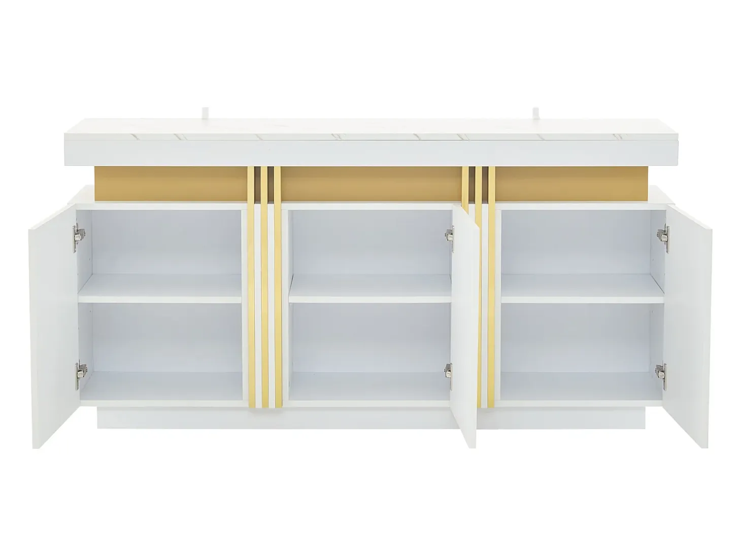 Aparador moderno 140x38x70cm con 3 puertas y tapa efecto mármol, blanco y dorado