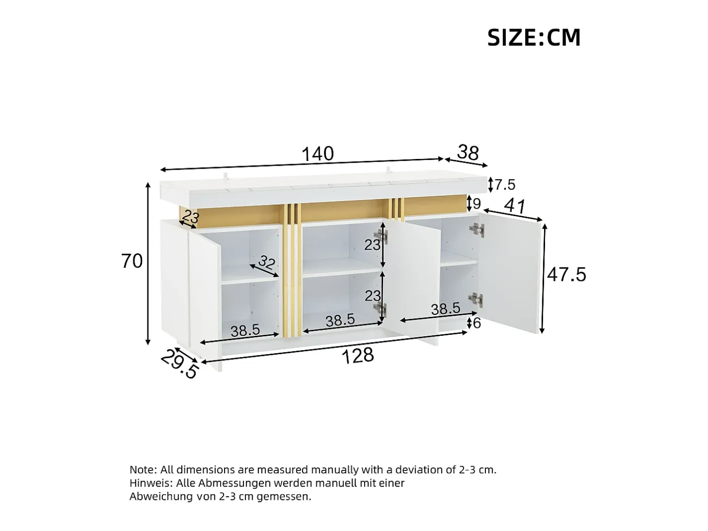 Aparador moderno 140x38x70cm con 3 puertas y tapa efecto mármol, blanco y dorado