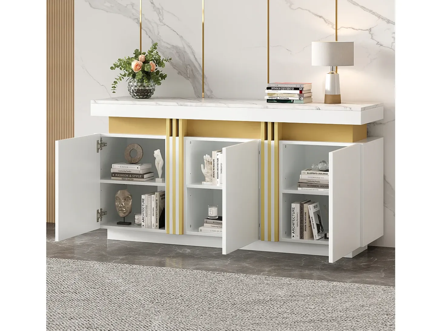 Aparador moderno 140x38x70cm con 3 puertas y tapa efecto mármol, blanco y dorado