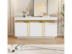 Aparador moderno 140x38x70cm con 3 puertas y tapa efecto mármol, blanco y dorado