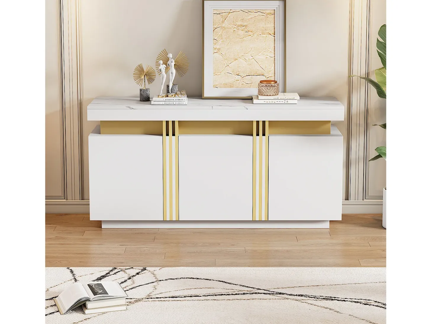 Aparador moderno 140x38x70cm con 3 puertas y tapa efecto mármol, blanco y dorado
