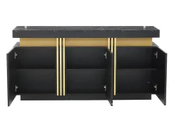 Aparador moderno 140x38x70cm con 3 puertas y tapa efecto mármol, negro y dorado