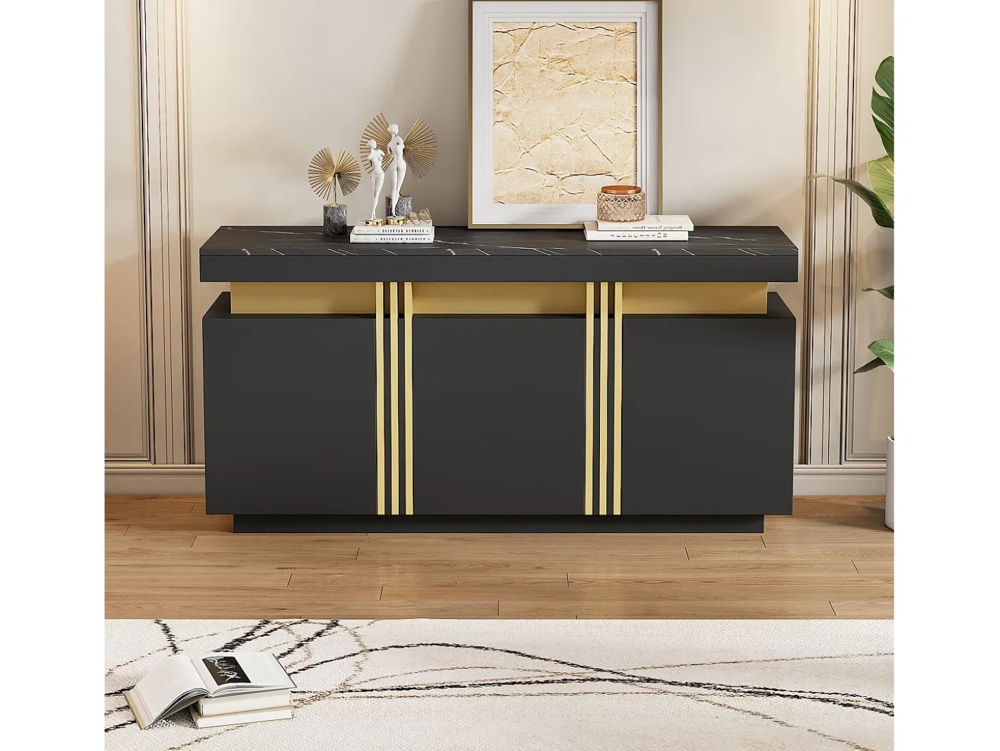Aparador moderno 140x38x70cm con 3 puertas y tapa efecto mármol, negro y dorado
