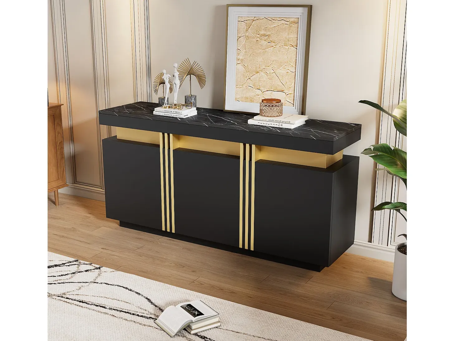 Aparador moderno 140x38x70cm con 3 puertas y tapa efecto mármol, negro y dorado