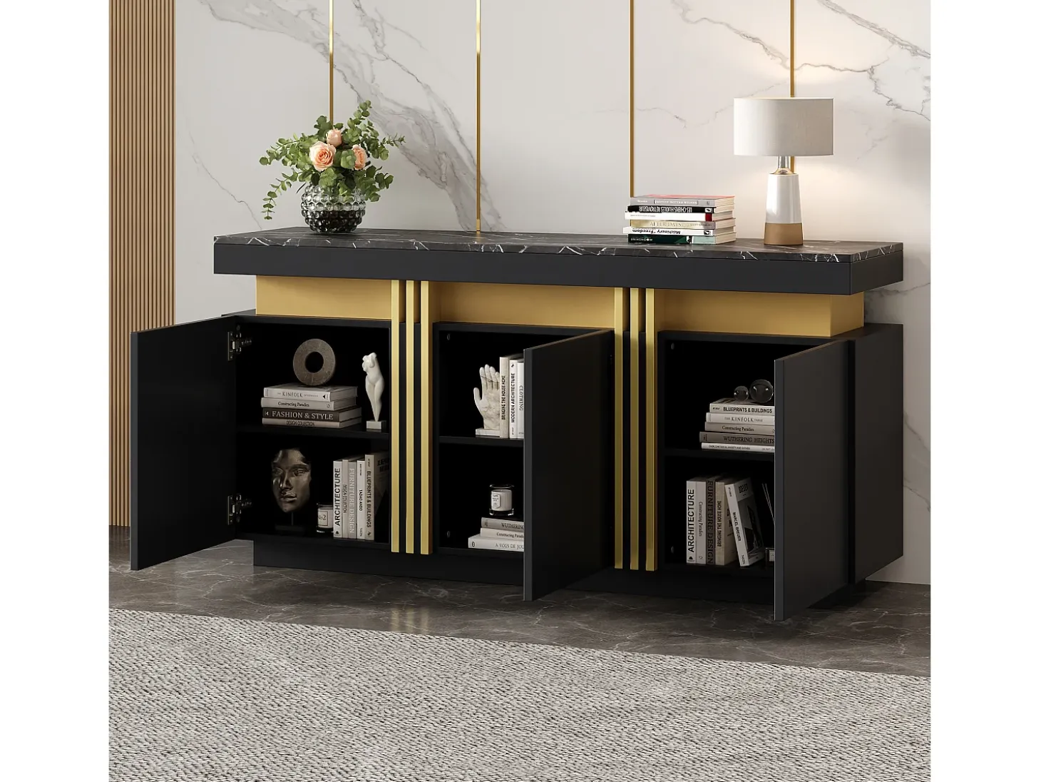 Aparador moderno 140x38x70cm con 3 puertas y tapa efecto mármol, negro y dorado