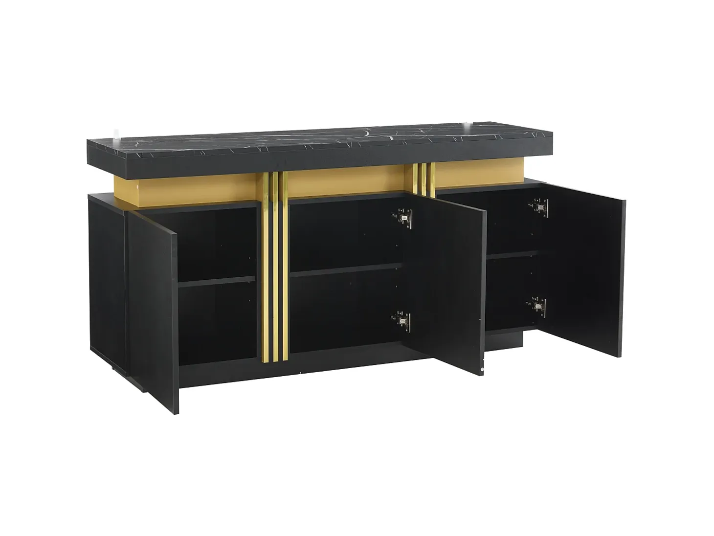 Aparador moderno 140x38x70cm con 3 puertas y tapa efecto mármol, negro y dorado