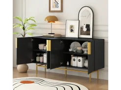 Aparador moderno y elegante de 4 puertas con tirador dorado, mueble buffet para comedor/sala de estar (negro)