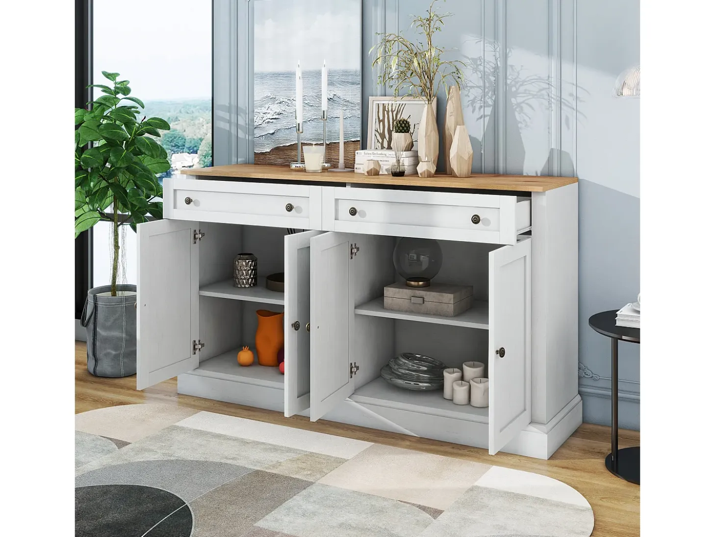 Aparador moderno y elegante con 4 puertas y 2 cajones, ideal para comedor, salón, dormitorio y recibidor (blanco y madera natural) (150 x 40 x 86 cm)