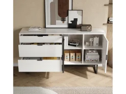 Aparador moderno y lujoso - 160 x 36 x 78 cm - con 3 cajones + puertas de cristal + LED - MDF + aglomerado - blanco