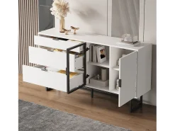 Aparador moderno y lujoso - 160 x 36 x 78 cm - con 3 cajones + puertas de cristal + LED - MDF + aglomerado - blanco