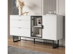 Aparador moderno y lujoso - 160 x 36 x 78 cm - con 3 cajones + puertas de cristal + LED - MDF + aglomerado - blanco