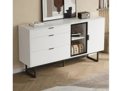 Aparador moderno y lujoso - 160 x 36 x 78 cm - con 3 cajones + puertas de cristal + LED - MDF + aglomerado - blanco