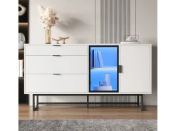 Aparador moderno y lujoso - 160 x 36 x 78 cm - con 3 cajones + puertas de cristal + LED - MDF + aglomerado - blanco