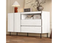 Aparador moderno y minimalista - 140 x 42 x 77 cm - con 2 puertas + 2 cajones + estantes abiertos - aglomerado - blanco