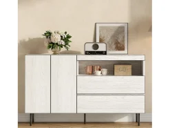 Aparador moderno y minimalista - 140 x 42 x 77 cm - con 2 puertas + 2 cajones + estantes abiertos - aglomerado - blanco