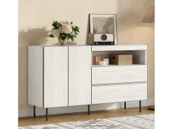 Aparador moderno y minimalista - 140 x 42 x 77 cm - con 2 puertas + 2 cajones + estantes abiertos - aglomerado - blanco