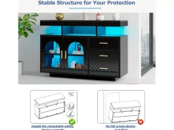Aparador, mueble de cocina con LED - 3 cajones y 2 puertas - Negro