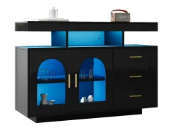 Aparador, mueble de cocina con LED - 3 cajones y 2 puertas - Negro