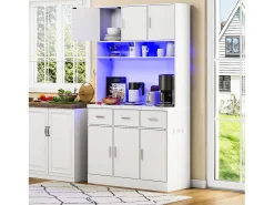 Aparador multifuncional de 100×40×180 cm con iluminación LED, cajones y estantes ajustables, ideal para salón o cocina. Color blanco.