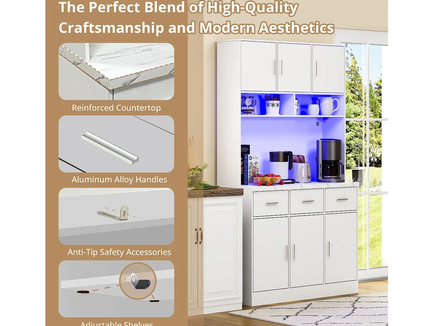 Aparador multifuncional de 100×40×180 cm con iluminación LED, cajones y estantes ajustables, ideal para salón o cocina. Color blanco.