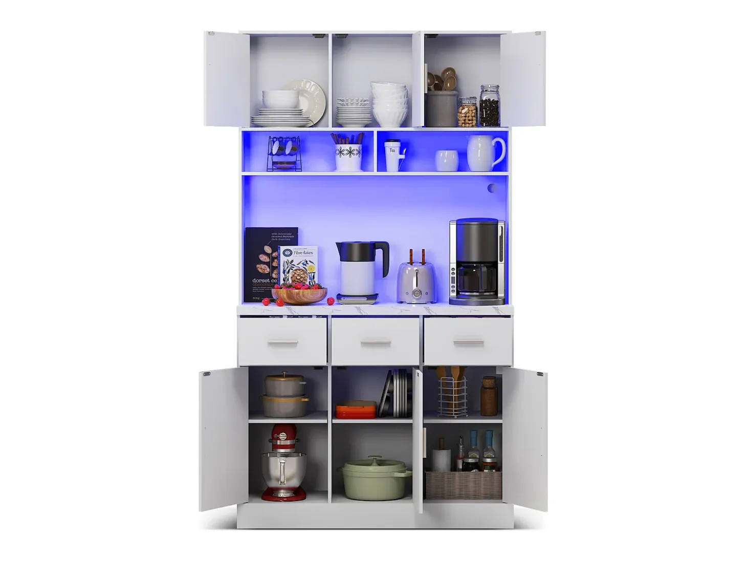 Aparador multifuncional de 100×40×180 cm con iluminación LED, cajones y estantes ajustables, ideal para salón o cocina. Color blanco.
