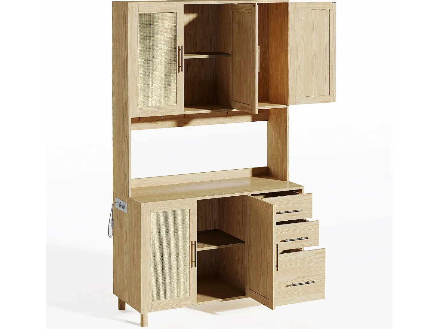 Aparador Natural - Aparador con 3 Cajones y 5 Puertas - estantes ajustables y carga USB - para comedor